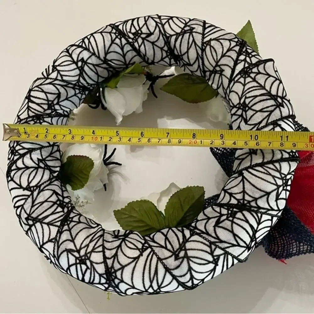 Halloween Spider Wreath White Roses Black Bow 11